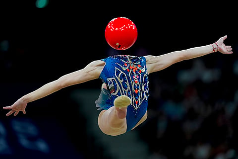 Stiliana Nikolova, of Bulgaria performs in the rhythmic gymnastics 